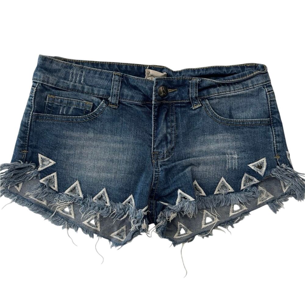 White cow micro mini denim shorts sz 26 raw hem artsy festival western embroider